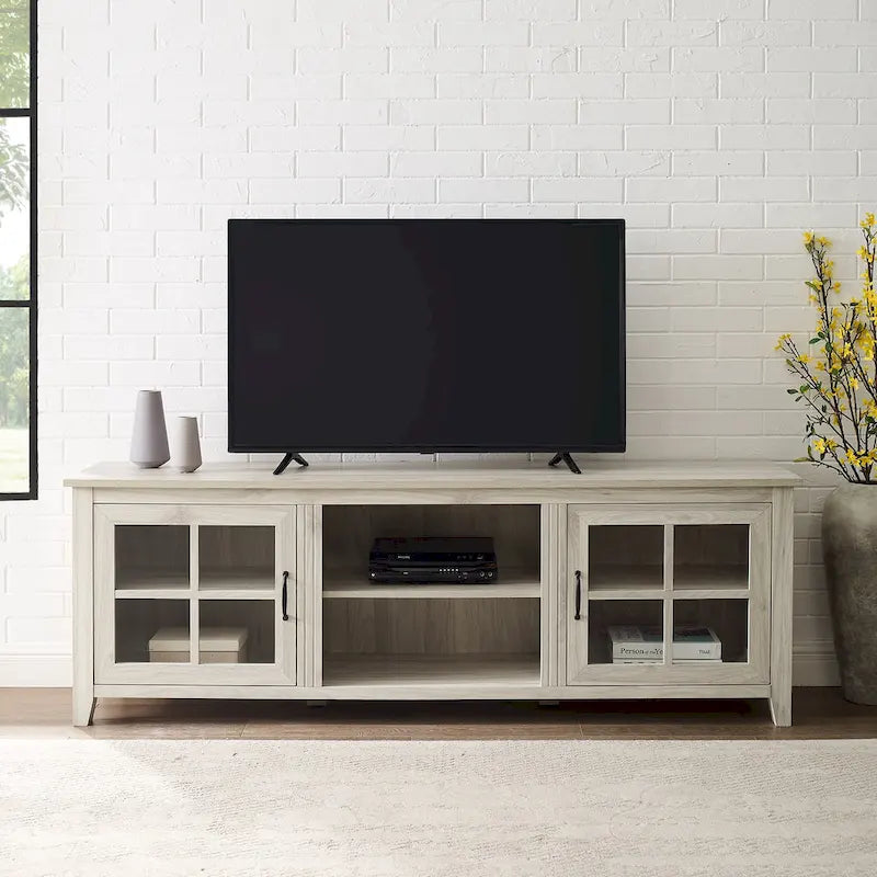 Transitional TV Stand with Windowpane Glass Doors and Adjustable Shelves