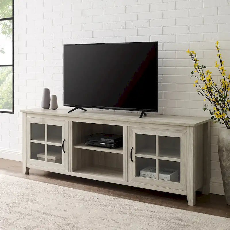 Transitional TV Stand with Windowpane Glass Doors and Adjustable Shelves