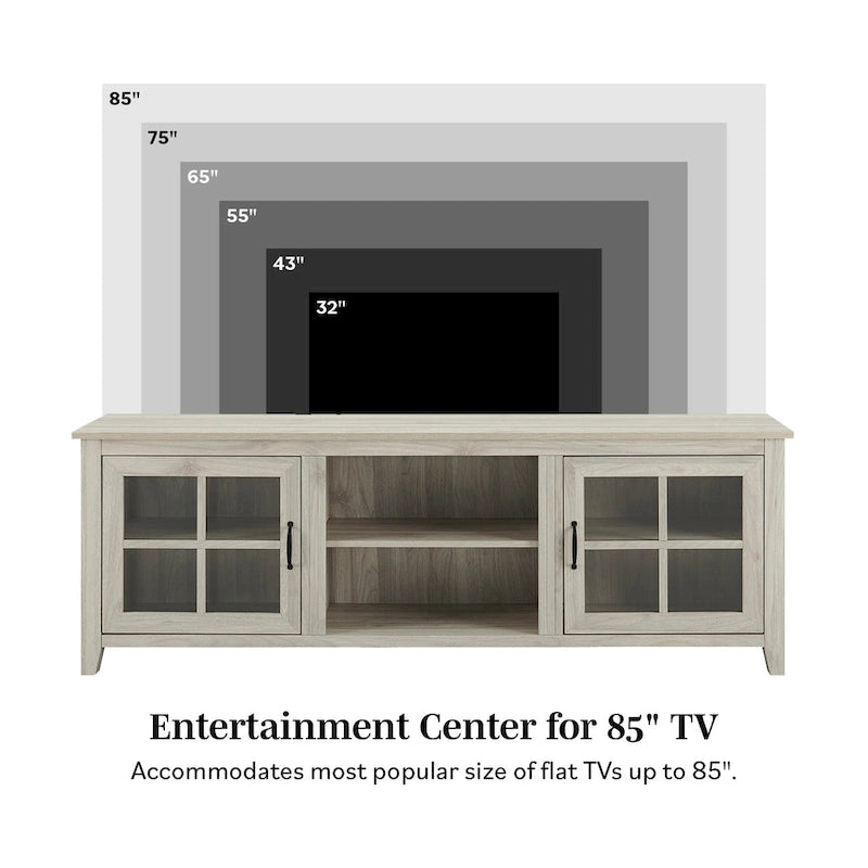 Transitional TV Stand with Windowpane Glass Doors and Adjustable Shelves
