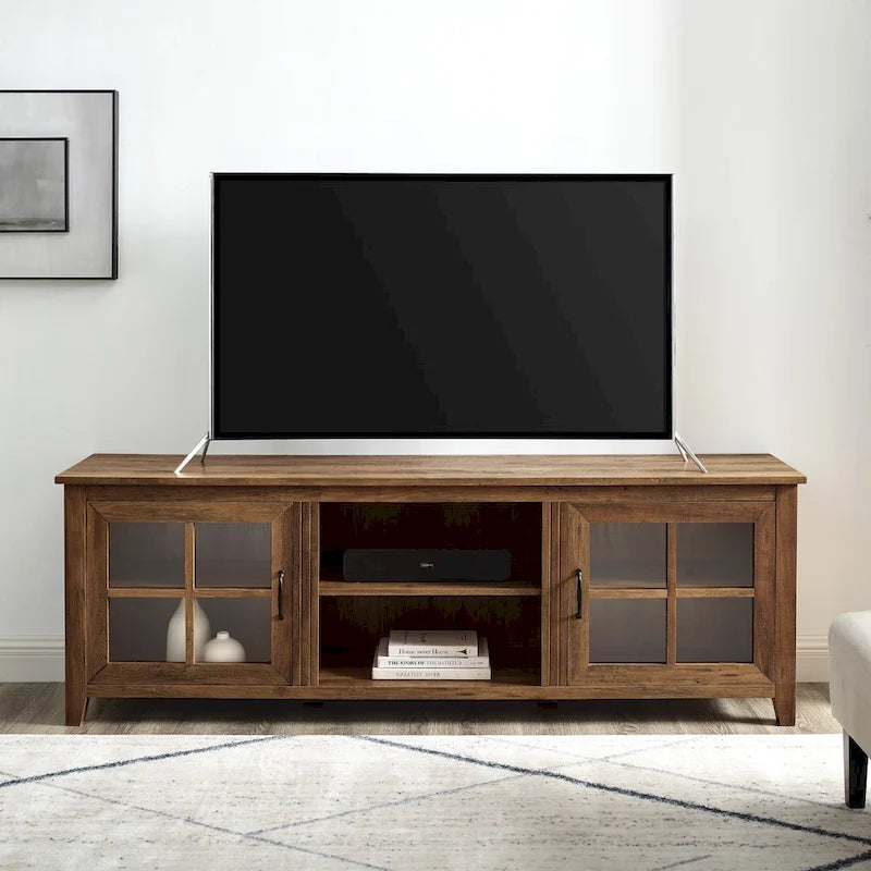 Transitional TV Stand with Windowpane Glass Doors and Adjustable Shelves