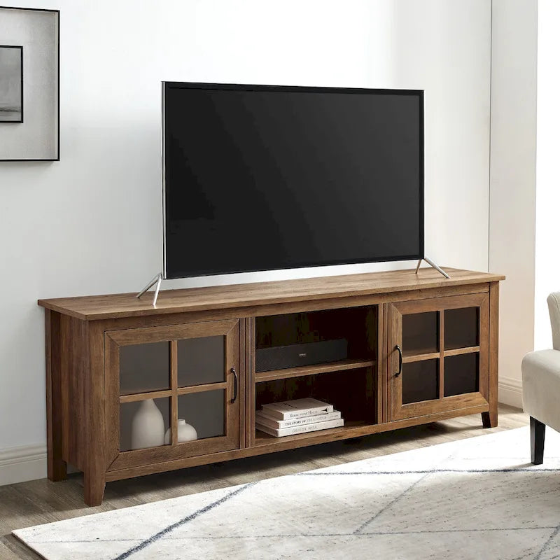 Transitional TV Stand with Windowpane Glass Doors and Adjustable Shelves