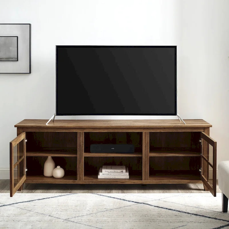 Transitional TV Stand with Windowpane Glass Doors and Adjustable Shelves