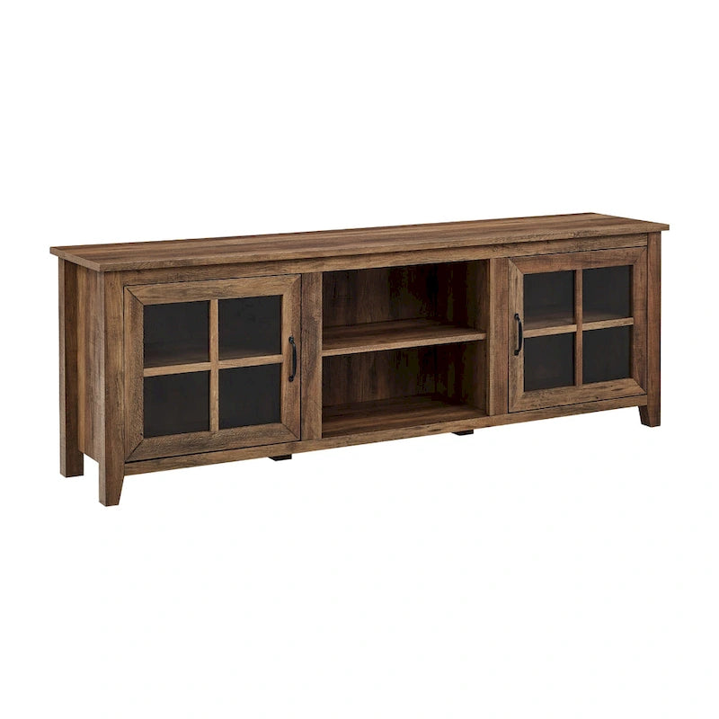 Transitional TV Stand with Windowpane Glass Doors and Adjustable Shelves