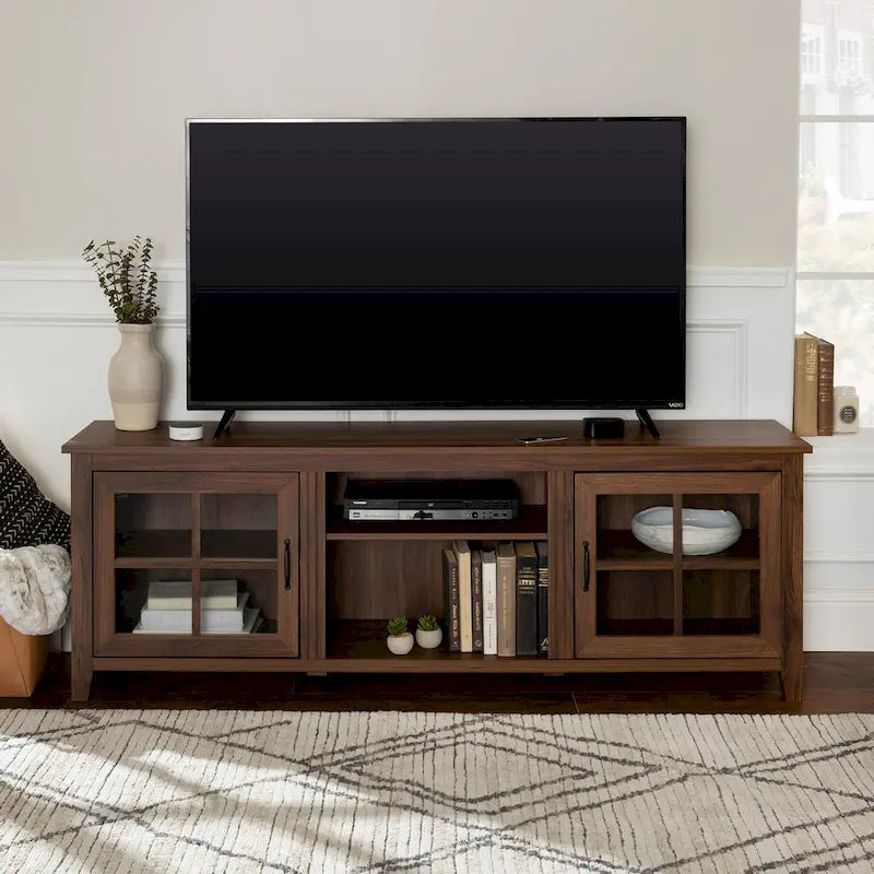 Transitional TV Stand with Windowpane Glass Doors and Adjustable Shelves