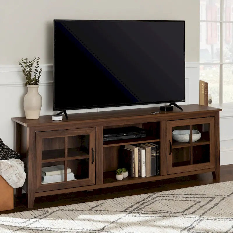 Transitional TV Stand with Windowpane Glass Doors and Adjustable Shelves