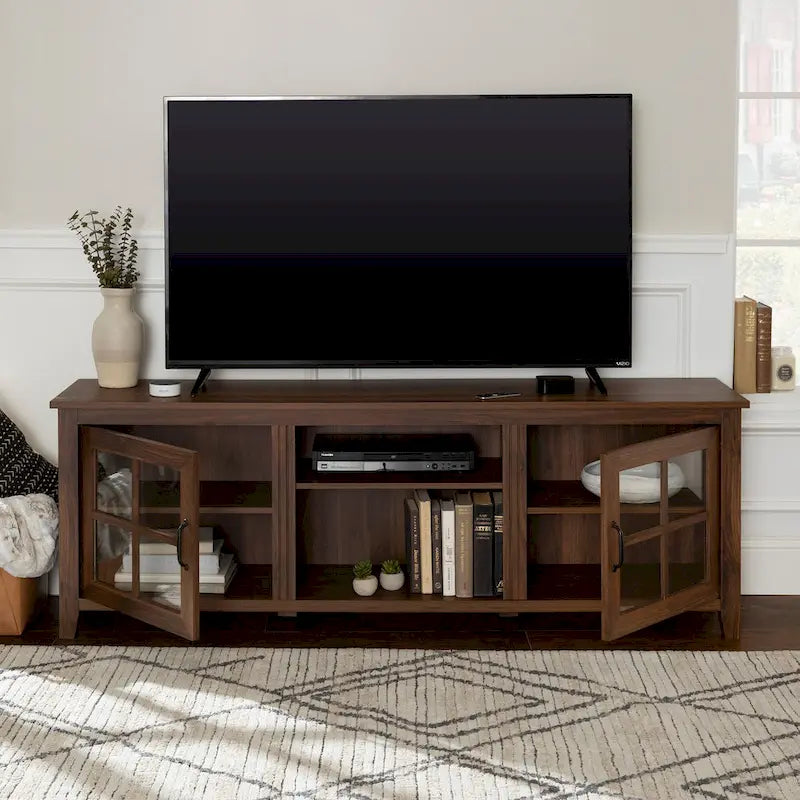 Transitional TV Stand with Windowpane Glass Doors and Adjustable Shelves