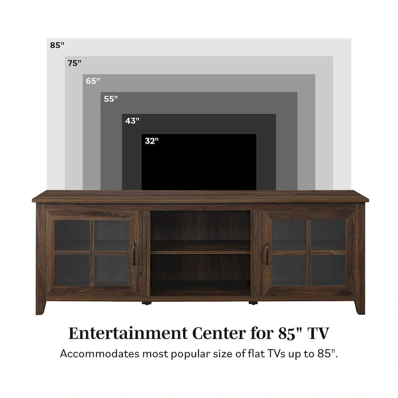 Transitional TV Stand with Windowpane Glass Doors and Adjustable Shelves