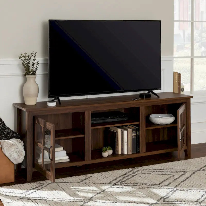 Transitional TV Stand with Windowpane Glass Doors and Adjustable Shelves