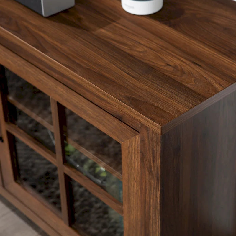 Transitional TV Stand with Windowpane Glass Doors and Adjustable Shelves