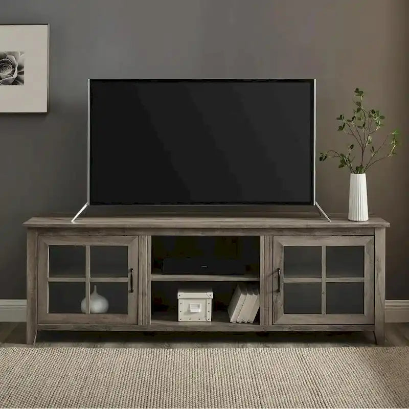 Transitional TV Stand with Windowpane Glass Doors and Adjustable Shelves