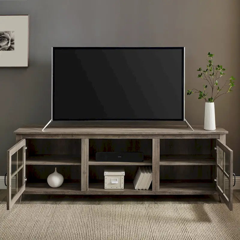 Transitional TV Stand with Windowpane Glass Doors and Adjustable Shelves