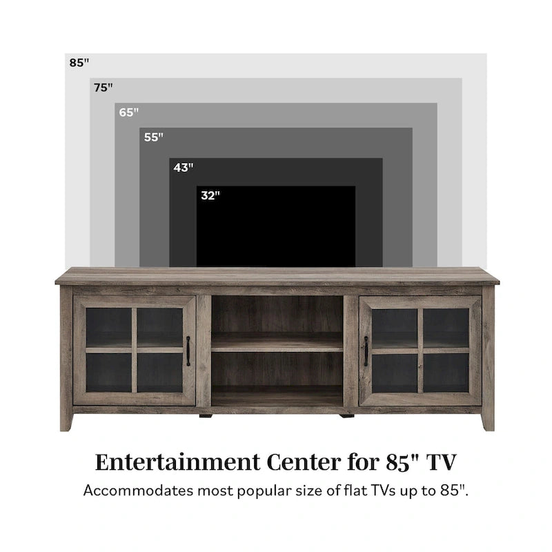 Transitional TV Stand with Windowpane Glass Doors and Adjustable Shelves