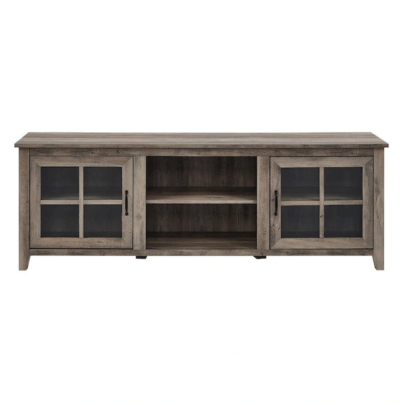 Transitional TV Stand with Windowpane Glass Doors and Adjustable Shelves