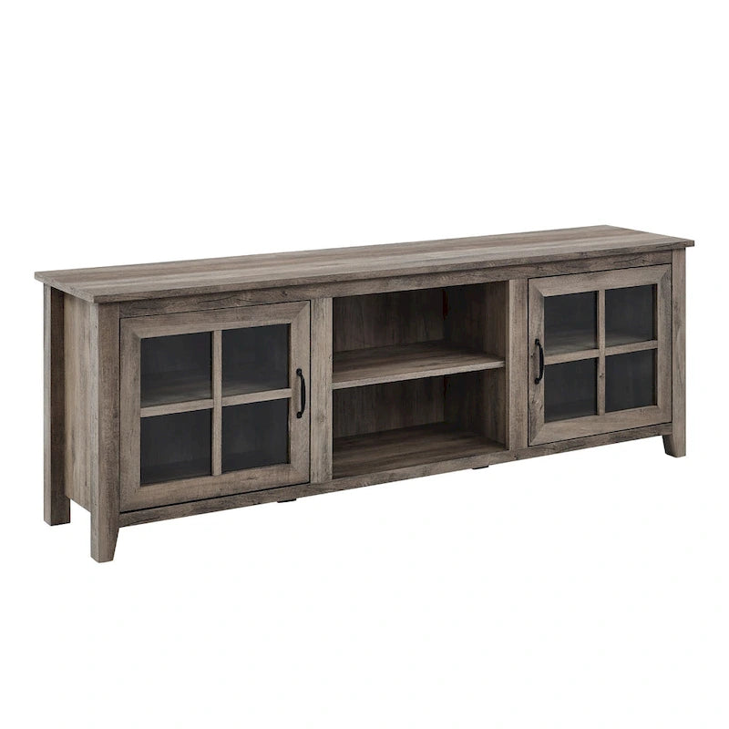 Transitional TV Stand with Windowpane Glass Doors and Adjustable Shelves