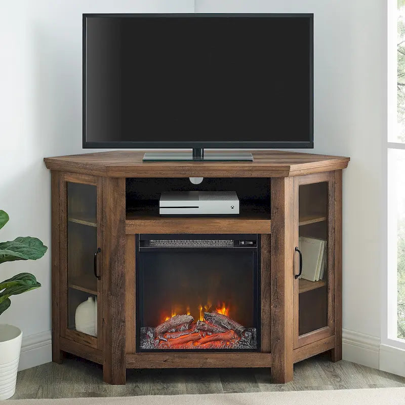 Corner Fireplace TV Stand with Glass Doors and Adjustable Shelves