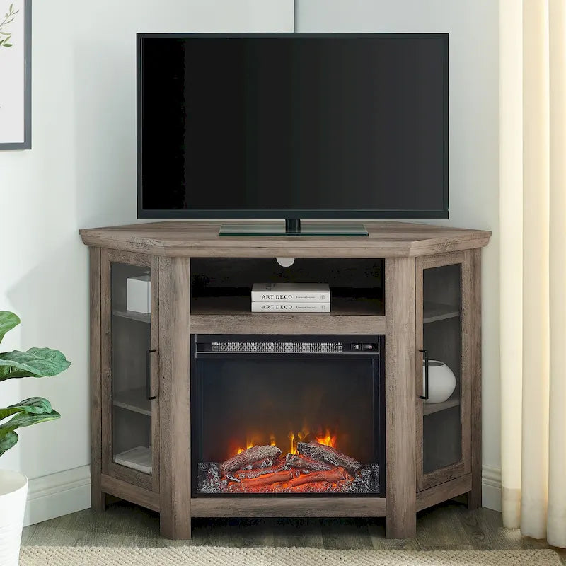 Corner Fireplace TV Stand with Glass Doors and Adjustable Shelves