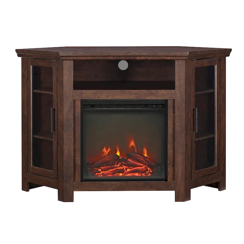 Corner Fireplace TV Stand with Glass Doors and Adjustable Shelves