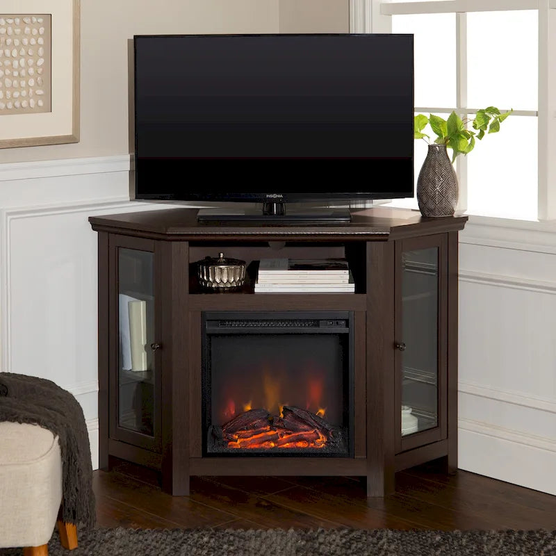 Corner Fireplace TV Stand with Glass Doors and Adjustable Shelves