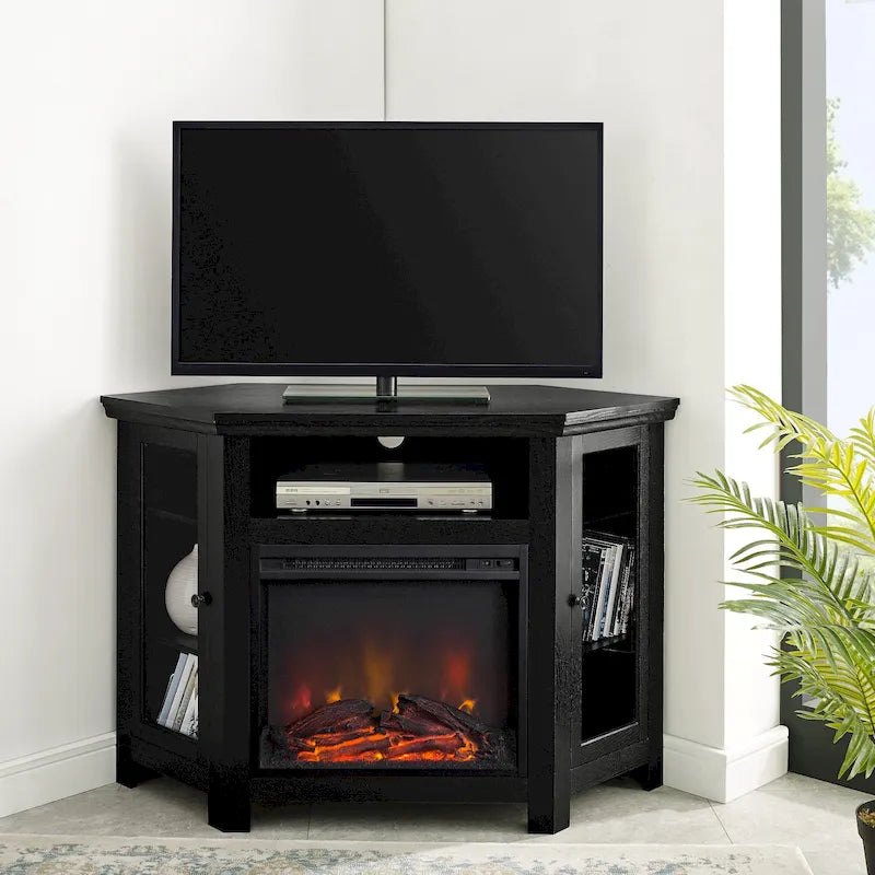 Corner Fireplace TV Stand with Glass Doors and Adjustable Shelves