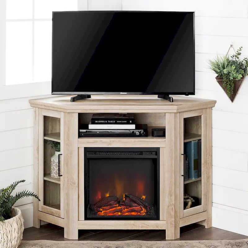 Corner Fireplace TV Stand with Glass Doors and Adjustable Shelves