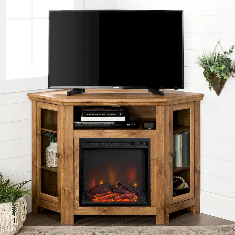 Corner Fireplace TV Stand with Glass Doors and Adjustable Shelves