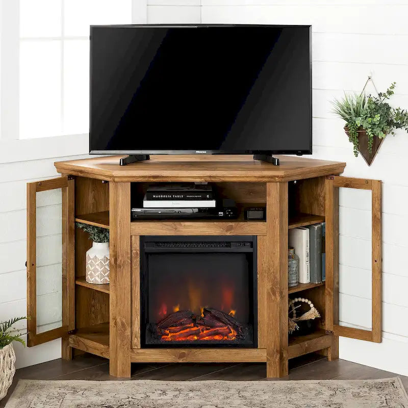 Eck-TV-Schrank mit Kamin, Glastüren und verstellbaren Ablagen