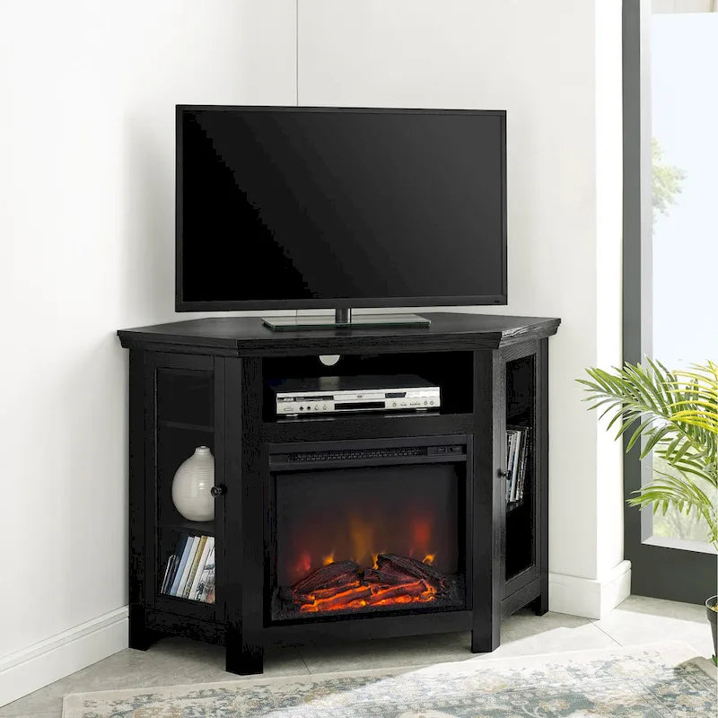 Eck-TV-Schrank mit Kamin, Glastüren und verstellbaren Ablagen