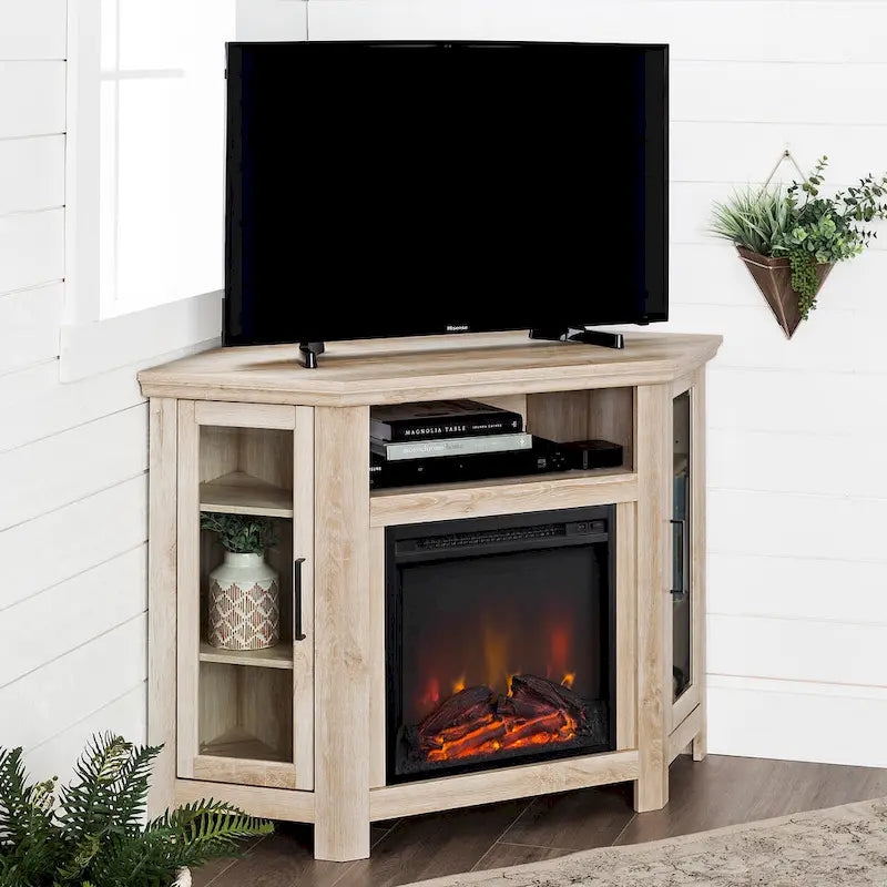 Eck-TV-Schrank mit Kamin, Glastüren und verstellbaren Ablagen