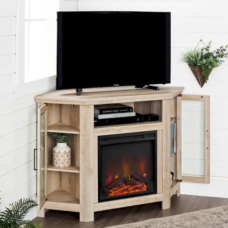 Eck-TV-Schrank mit Kamin, Glastüren und verstellbaren Ablagen
