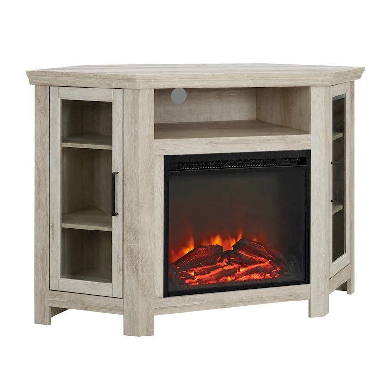 Eck-TV-Schrank mit Kamin, Glastüren und verstellbaren Ablagen