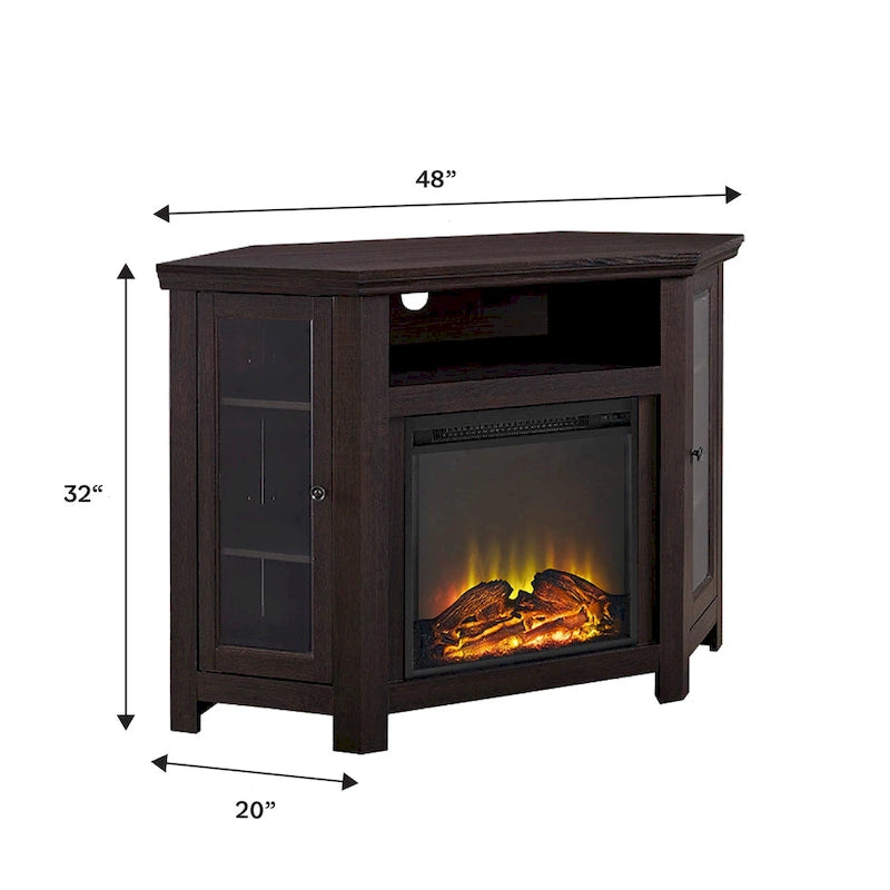 Eck-TV-Schrank mit Kamin, Glastüren und verstellbaren Ablagen