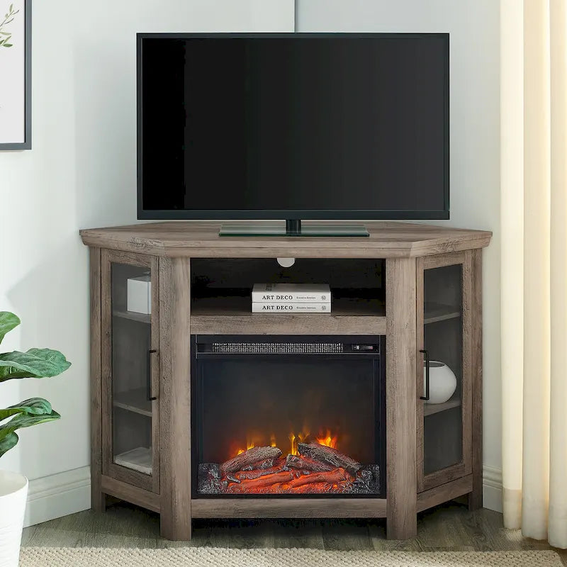 Eck-TV-Schrank mit Kamin, Glastüren und verstellbaren Ablagen