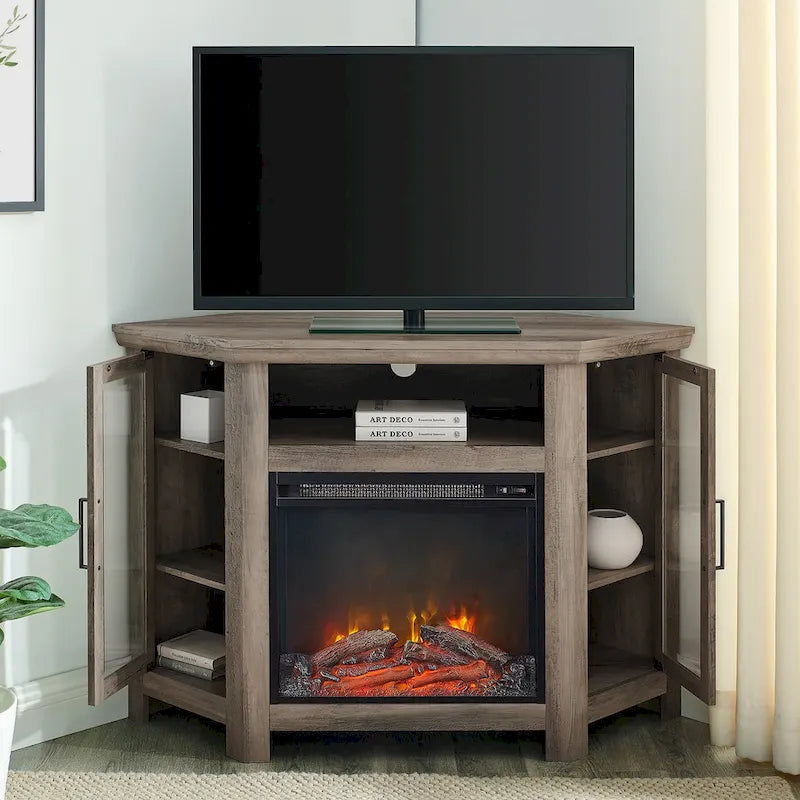 Eck-TV-Schrank mit Kamin, Glastüren und verstellbaren Ablagen