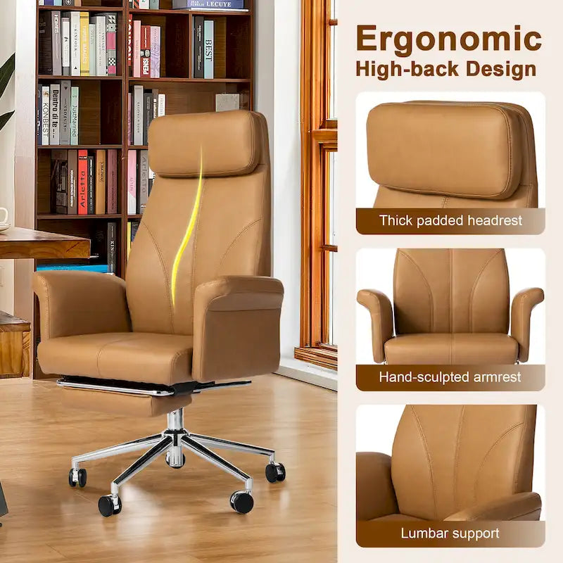 Adjustable High Back Office Chair with Armrests and Extendable Footrest