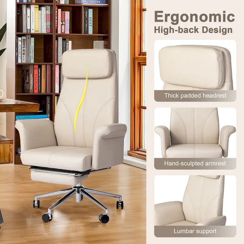 Adjustable High Back Office Chair with Armrests and Extendable Footrest