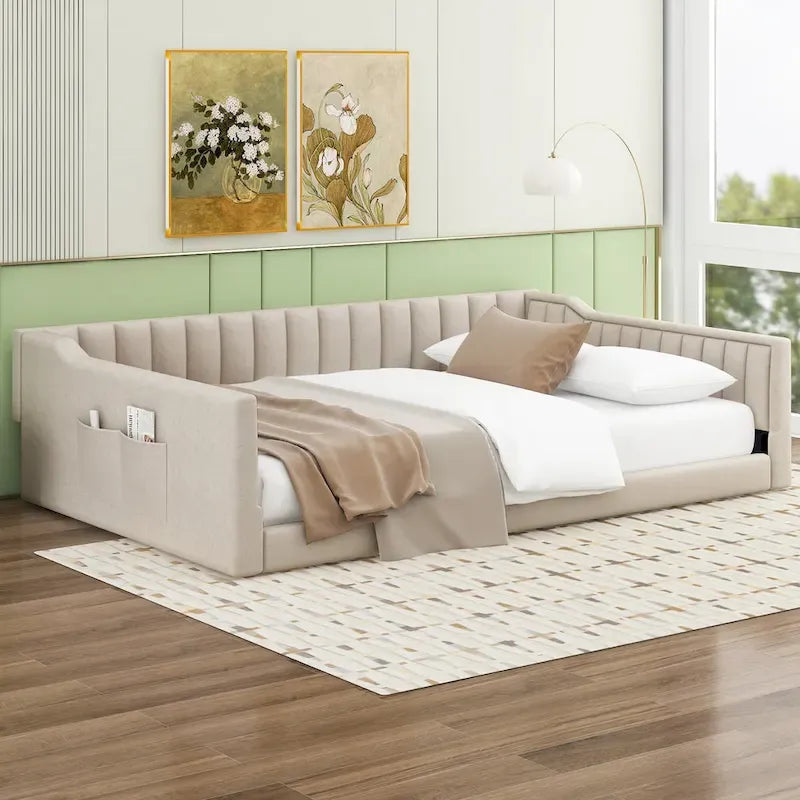 Velvet Upholstered Daybed with Vertical Channel Tufting and Side Pocket