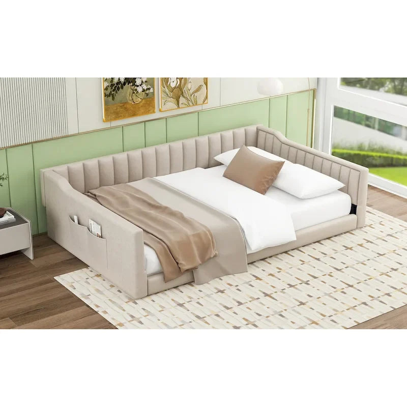 Velvet Upholstered Daybed with Vertical Channel Tufting and Side Pocket