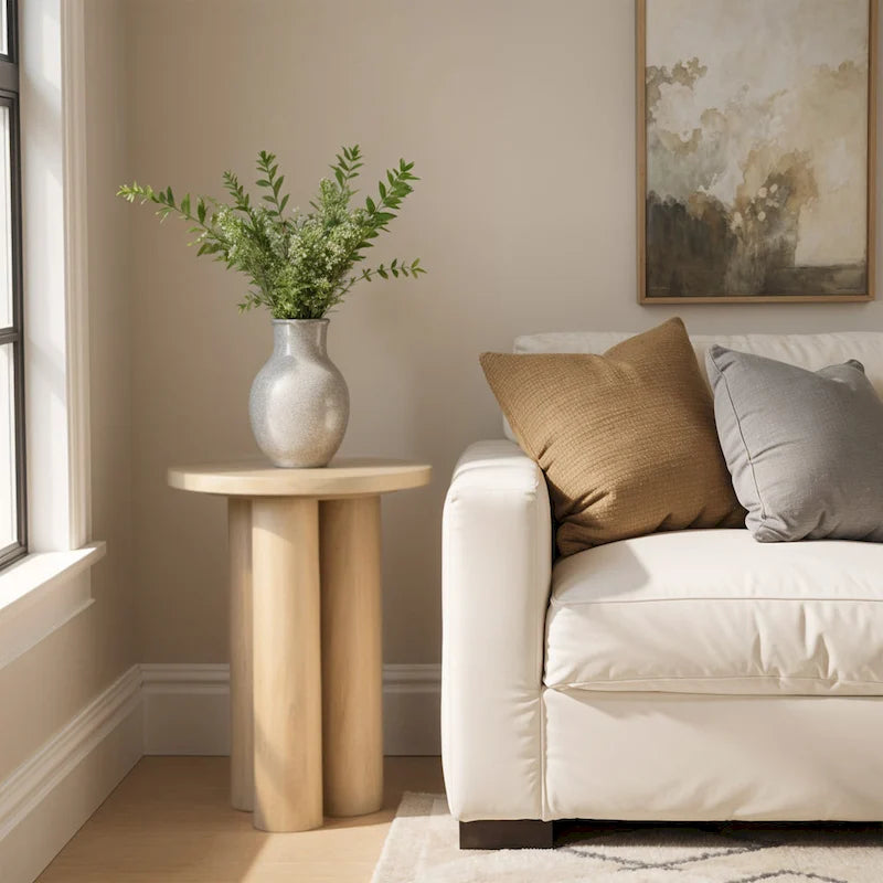 Natural Brown Round Mango Wood Side Table with Pillar Legs