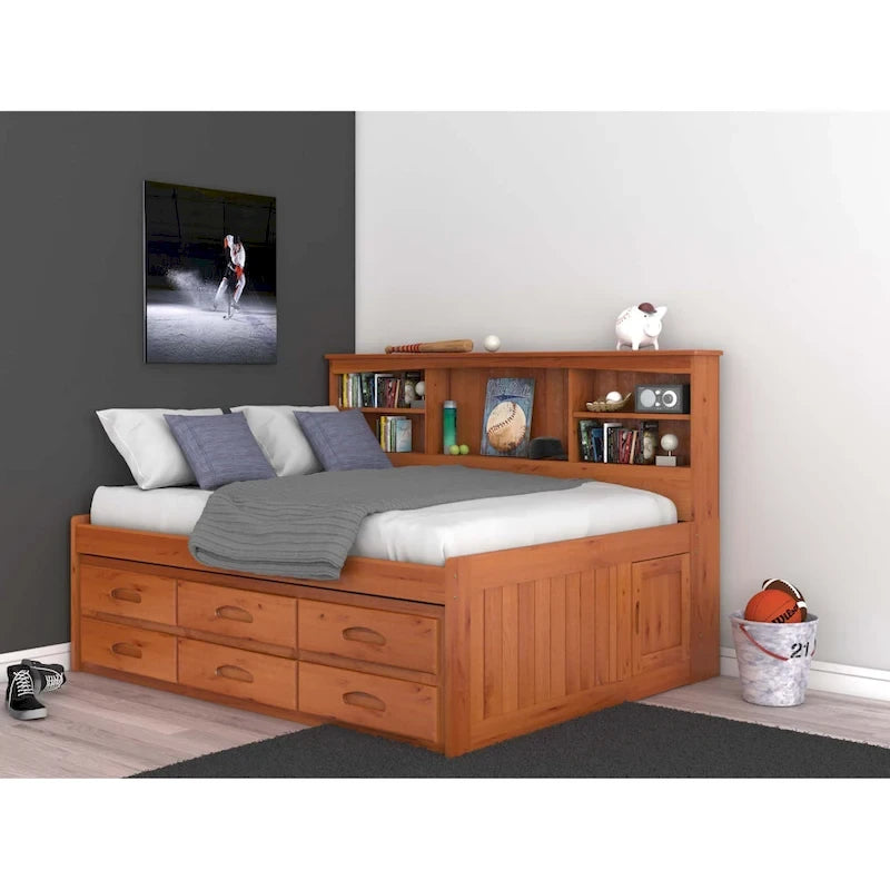 Honey Pine Storage Daybed with Bookcase Back and Six Drawers