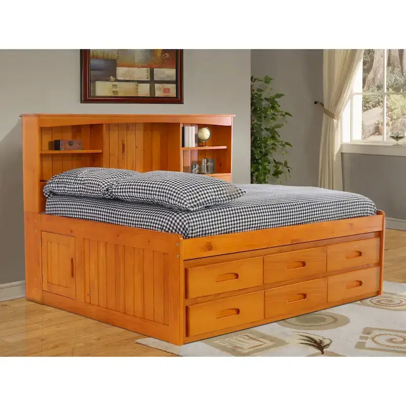 Honey Pine Storage Daybed with Bookcase Back and Six Drawers