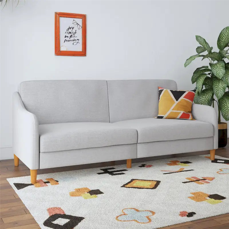 Linen Convertible Futon Sofa with Split Back and Wooden Legs