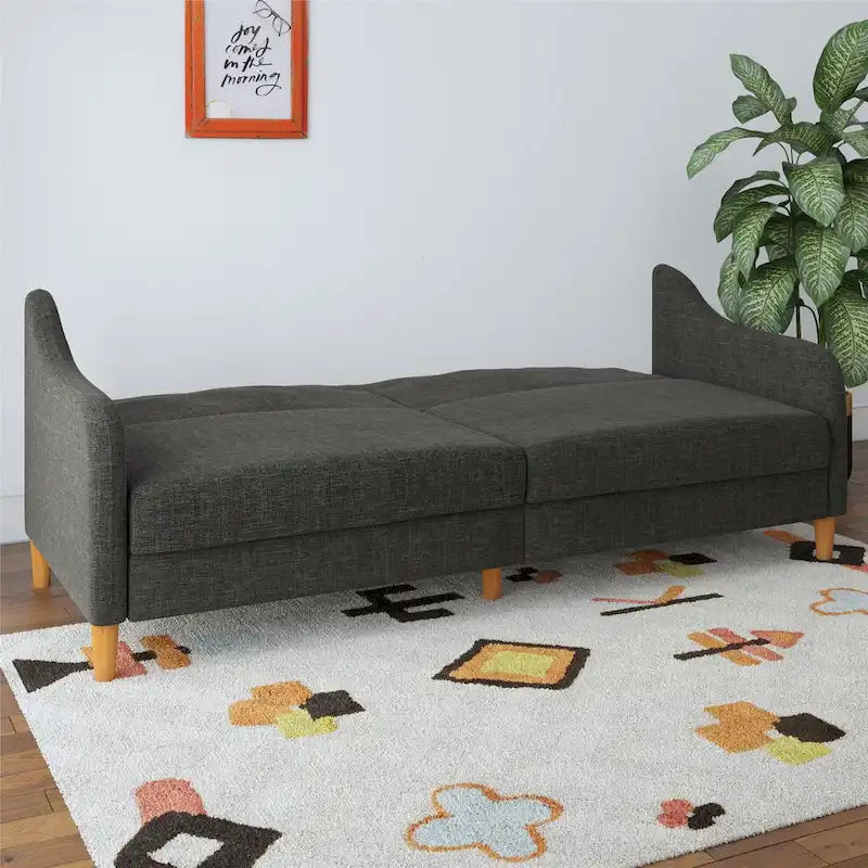 Umwandelbares Futonsofa aus Leinen mit geteilter Rückenlehne und Holzbeinen