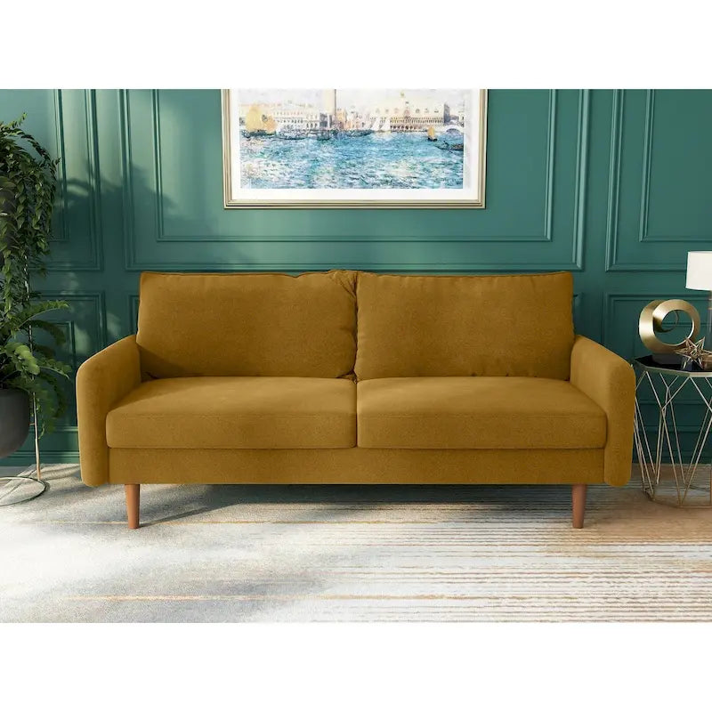 Contemporary Velvet Sofa with Square Arms and Round Wooden Legs
