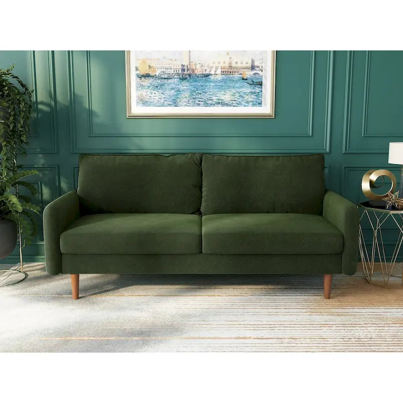 Contemporary Velvet Sofa with Square Arms and Round Wooden Legs