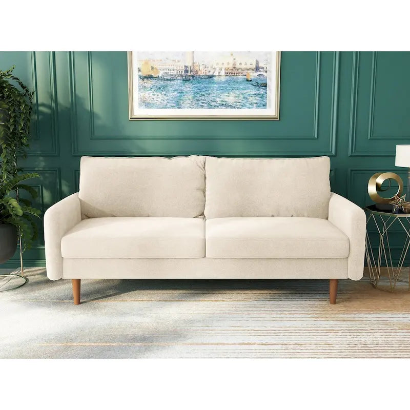 Contemporary Velvet Sofa with Square Arms and Round Wooden Legs
