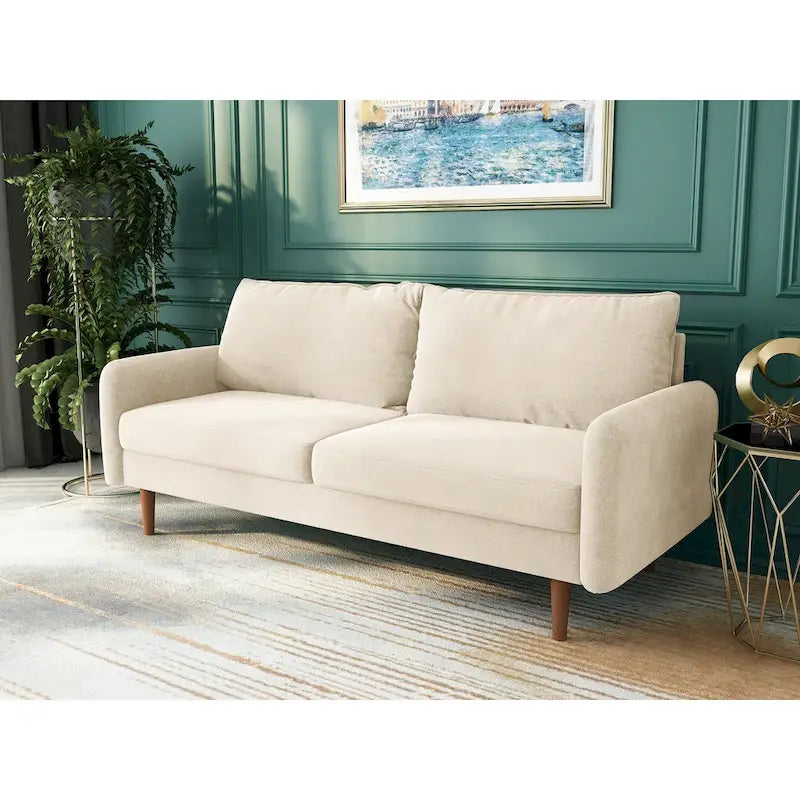 Contemporary Velvet Sofa with Square Arms and Round Wooden Legs