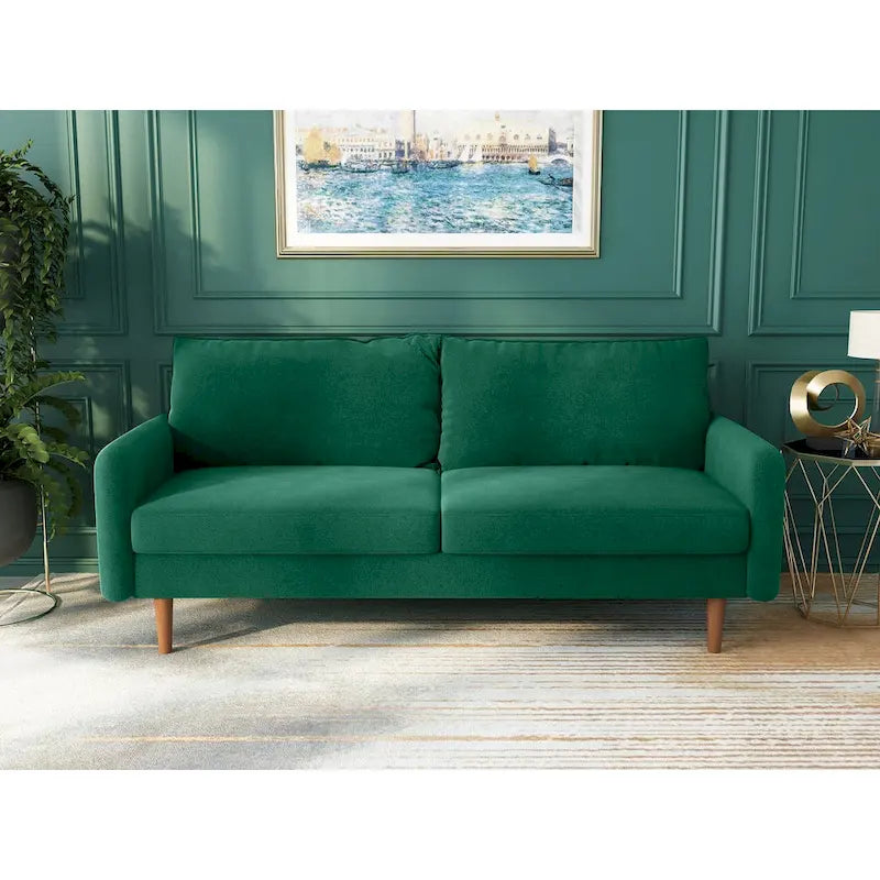 Contemporary Velvet Sofa with Square Arms and Round Wooden Legs