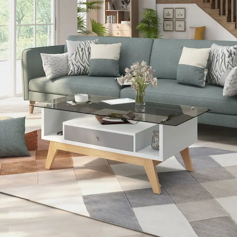 Moderner Couchtisch mit Glasplatte, Schublade und schrägen Beinen