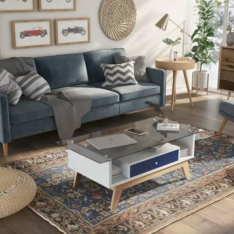 Moderner Couchtisch mit Glasplatte, Schublade und schrägen Beinen