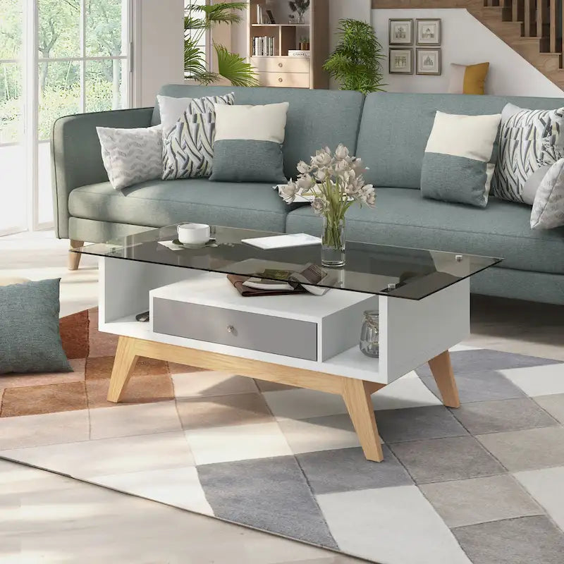 Moderner Couchtisch mit Glasplatte, Schublade und schrägen Beinen